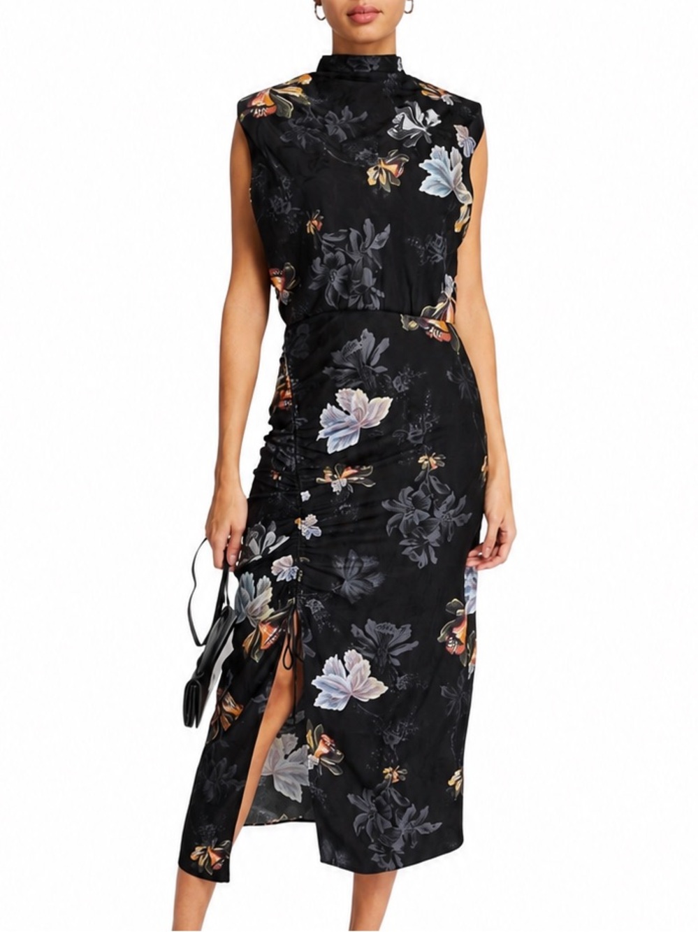 ALL SAINTS Isa Lilly Silk Blend Floral Ruched Midi Dress Black Size 4